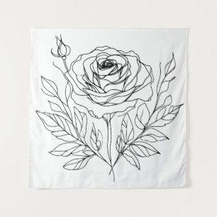 Schwarz zeichnend minimalistische Rose-One-Line-Ku Wandteppich