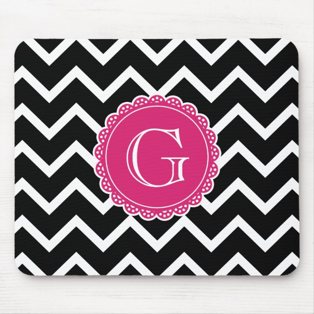 Schwarz-Zickzack-Hot-Pink-Monogramm Mousepad (Vorne)