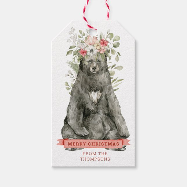 Schwarzbär mit Blume | Frohe Weihnachtsgeschenk Geschenkanhänger (Vorderseite)