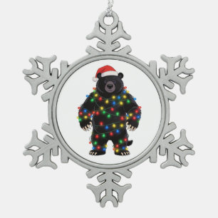 Schwarzbär Santa Hut Weihnachtslichter Fröhlich Schneeflocken Zinn-Ornament