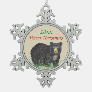 Schwarzbrauner Bär, Frohe Weihnachtsstunde Schneeflocken Zinn-Ornament