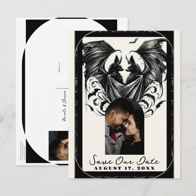 Schwarzcreme Silbergotische Liebe Fledermäuse Save Ankündigungspostkarte (Vorne/Hinten)