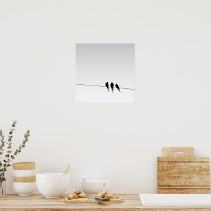 Schwarzdrossel-Silhouette auf Draht vor Farbverlau Poster