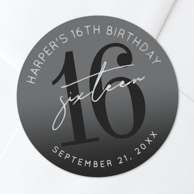 Schwarze 16. Geburtstagsfeier Runder Aufkleber (Black 16th Birthday Party Classic Round Sticker)