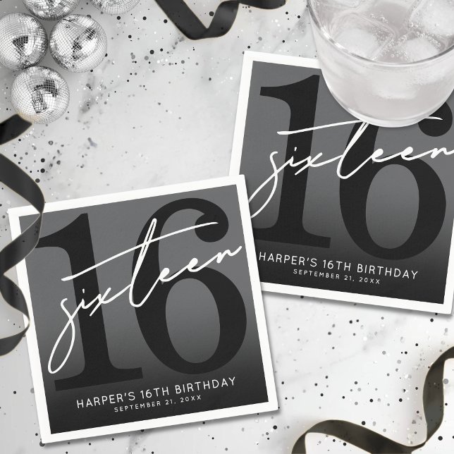 Schwarze 16. Geburtstagsfeier Serviette (Black 16th Birthday Party Napkins)