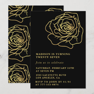 Schwarze 27. Geburtstagseinladungen Goldene Blumen Einladung