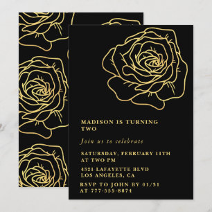 Schwarze 2. Geburtstagseinladungen Gold Floral Einladung