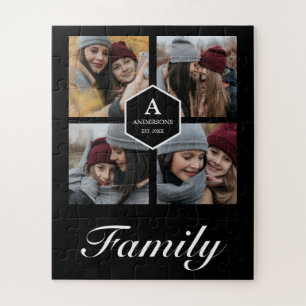 Schwarze 4 Bilder Familienfoto-Collage Name Puzzle