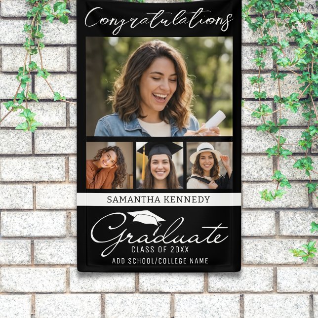Schwarze 4-Foto-Collage-Abschluss-Gratulation  Banner (Von Creator hochgeladen)
