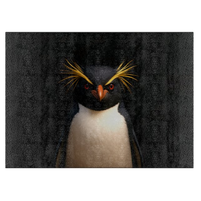 Schwarze 4 Luxe Glasplatte Rockhopper Pinguin Schneidebrett (Vorderseite)