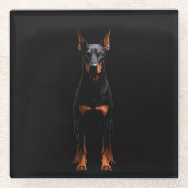 Schwarze 4 Luxe Glasuntersetzer, Wachdobermann-Hun Glasuntersetzer (Vorderseite)