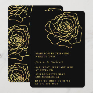 Schwarze 92. Geburtstagseinladungen Gold Blumen Einladung