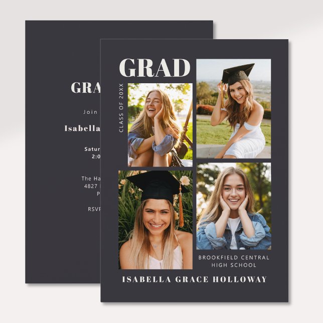 Schwarze Abschluss-Einladung mit Fotos Einladung (Black Grad Announcement and Invitation on the back, with 4 photos)
