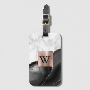 Schwarze Achat-Roségold-weiße Marmor-Monogramm Gepäckanhänger