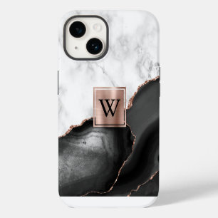 Schwarze Achat-Roségold-weiße Marmor-Monogramm iPhone 14 Hülle