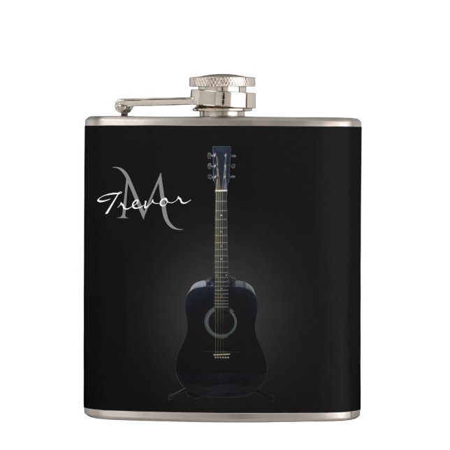 Schwarze Akustikgitarre-Monogramm-Musik-Flasche Flachmann (Vorderseite)