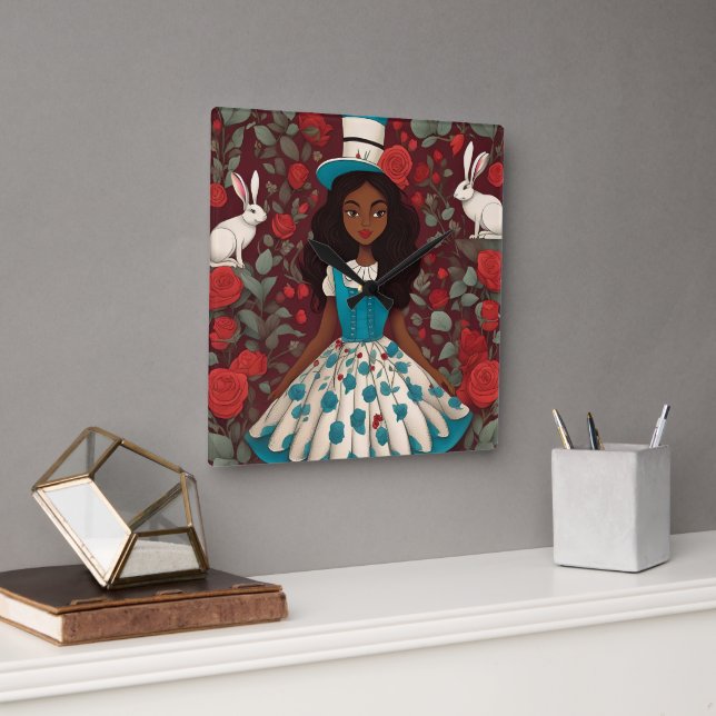 Schwarze Alice im Wunderland Quadratische Wanduhr (Büro)