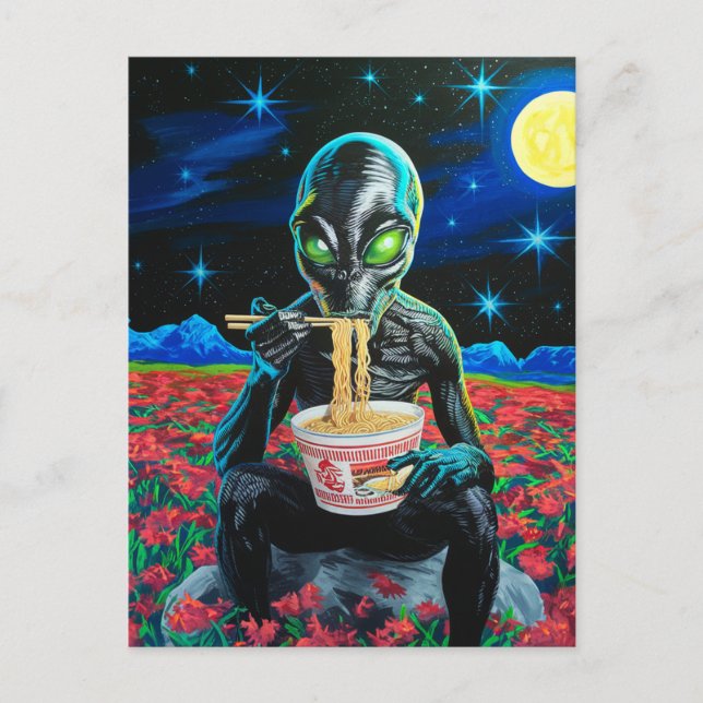 Schwarze Alien Grüne Augen essen Nudeln in Blume Postkarte (Vorderseite)