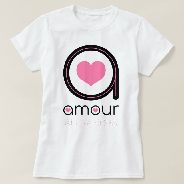 Schwarze Amour Liebe, rosa Herz, Name individuell T-Shirt (Design vorne)
