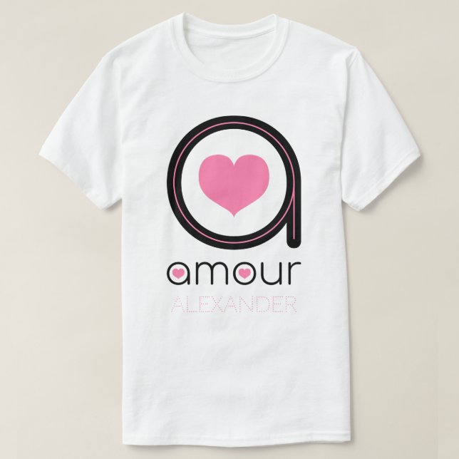 Schwarze Amour Liebe, rosa Herz, Name Personalisie T-Shirt (Design vorne)