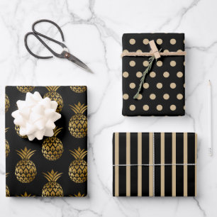 Schwarze Ananas Polka Dots Streifen fest Geschenkpapier Set