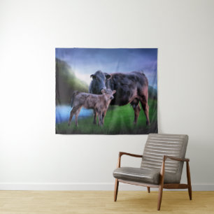 Schwarze Angus-Kuh mit Kalb Wandteppich