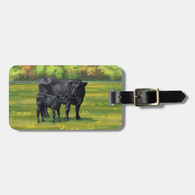 Schwarze Anguskühe und Niedliches Kalb im Sommerwe Gepäckanhänger (Vorderseite horizontal)
