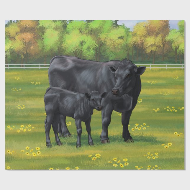 Schwarze Anguskühe und Niedliches Kalb im Sommerwe Geschenkpapier (Flach)