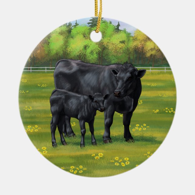 Schwarze Anguskühe und Niedliches Kalb im Sommerwe Keramik Ornament (Vorne)
