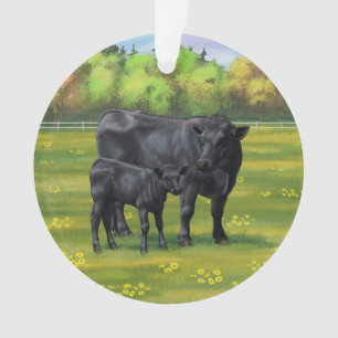 Schwarze Anguskühe und Niedliches Kalb im Sommerwe Ornament