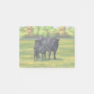 Schwarze Anguskühe und Niedliches Kalb im Sommerwe Post-it Klebezettel
