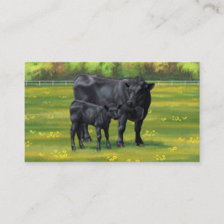 Schwarze Anguskühe und Niedliches Kalb im Sommerwe Visitenkarte