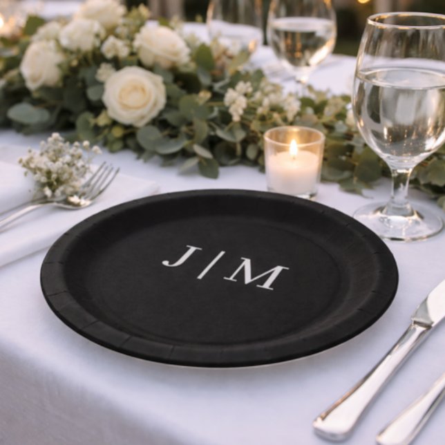 Schwarze anpassbare Monogramm-Hochzeitspapiertelle Pappteller (Von Creator hochgeladen)