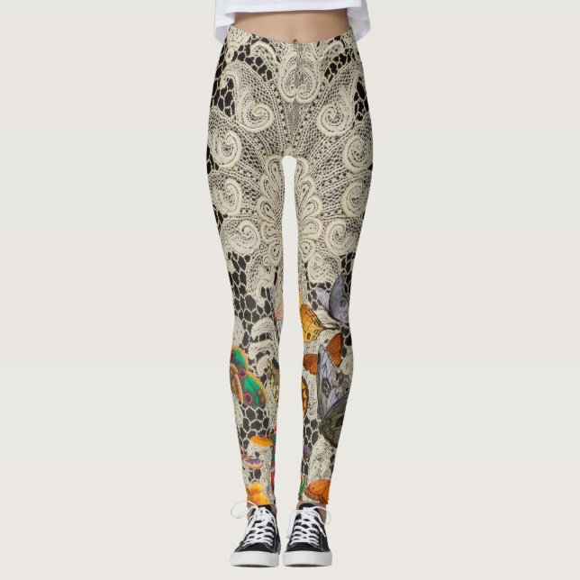 SCHWARZE ANTIQUE LACE PATTERN SCHALTFLÄCHE LEGGING LEGGINGS (Vorderseite)