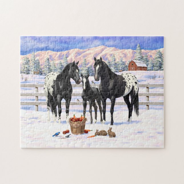 Schwarze Appaloosa Pferde auf einem schneebedeckte Puzzle (Horizontal)