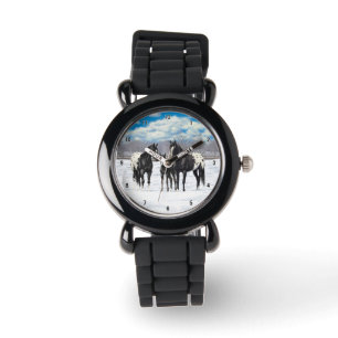 Schwarze Appaloosa Pferde im Schnee Armbanduhr