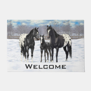 Schwarze Appaloosa Pferde im Schnee Fußmatte
