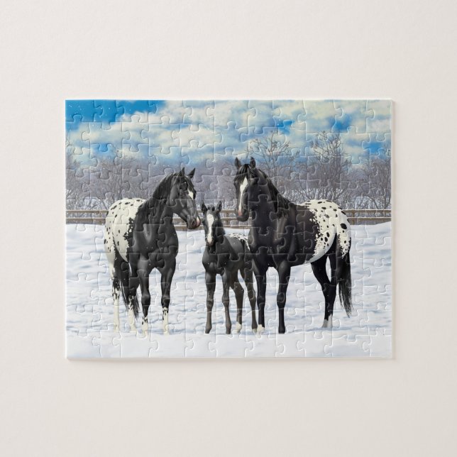 Schwarze Appaloosa Pferde im Schnee Puzzle (Horizontal)