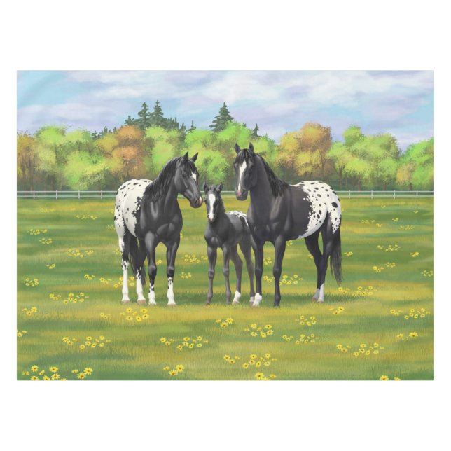 Schwarze Appaloosa Pferde im Sommer Weide Tischdecke (Vorderseite (Horizontal))