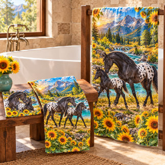 Schwarze Appaloosa-Stute mit Fohlen und Sonnenblum Badhandtuch Set