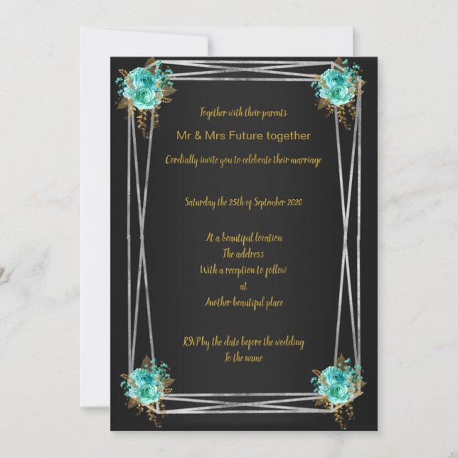 SCHWARZE AQUA GOLD ELEGANT WEDING INVITATION EINLADUNG (Vorderseite)