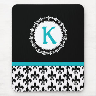 Schwarze Aqua-Monogramm-Lilie Mousepad