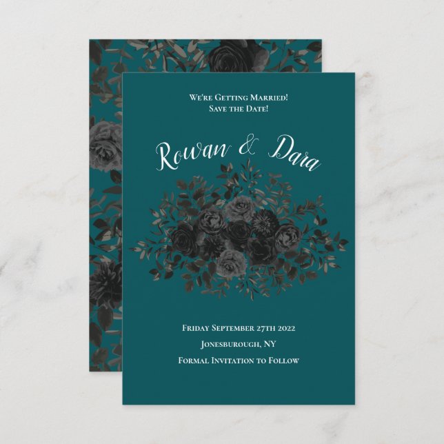 Schwarze Aquamarine Rose Gothic Elegante Hochzeit Einladung (Vorne/Hinten)
