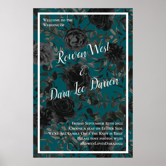 Schwarze Aquamarine Rose Gothic Elegante Hochzeit Poster (Vorne)