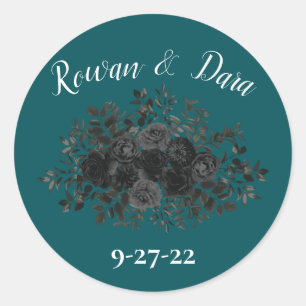 Schwarze Aquamarine Rose Gothic Elegante Hochzeit Runder Aufkleber