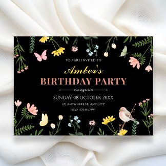 Schwarze Aquarell-Blumen-Frühlings-Geburtstag Einladung