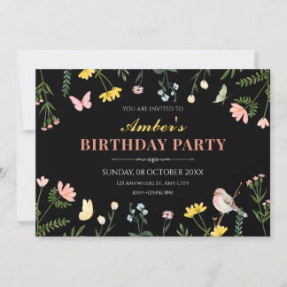 Schwarze Aquarell-Blumen-Frühlings-Geburtstag Einladung