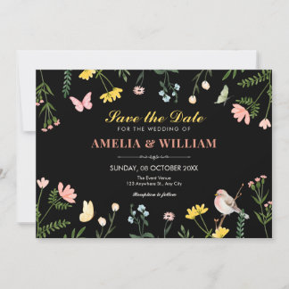 Schwarze Aquarell-Blumen-Hochzeit im Frühling Save The Date