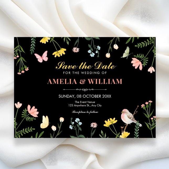 Schwarze Aquarell-Blumen-Hochzeit im Frühling Save The Date (Von Creator hochgeladen)