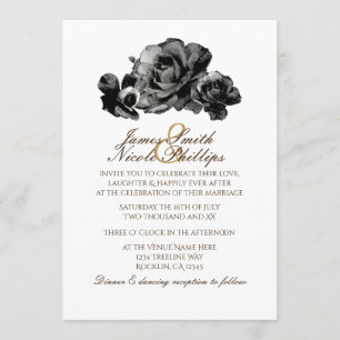 Schwarze Aquarell-Rosen elegante Hochzeits-Einladu Einladung